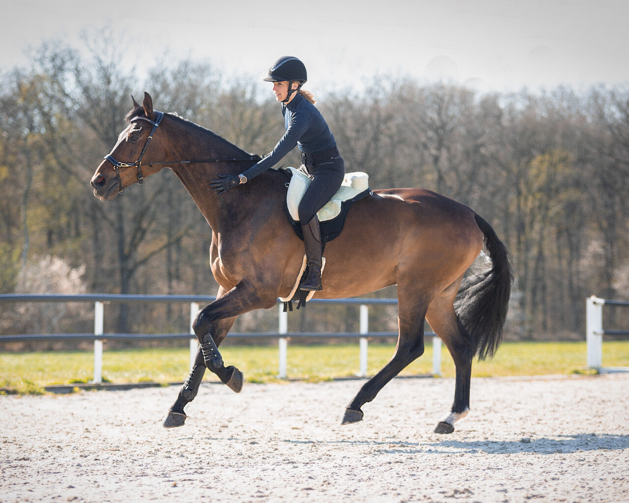Person riding a brown horse on a sandy surface with trees in the background