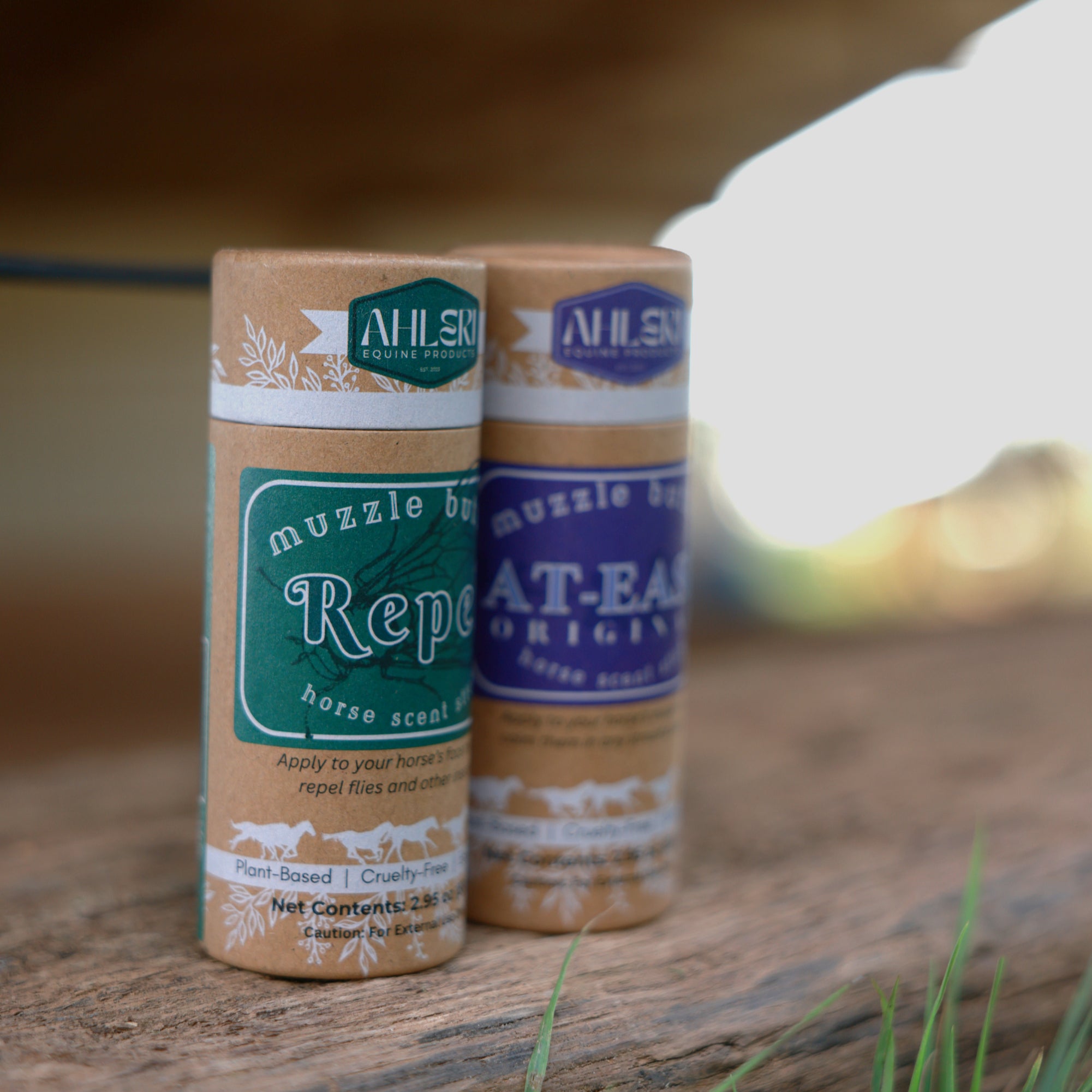 Muzzle Butter: Repel and Muzzle Butter: At-Ease in a natural, blurred, outdoor setting