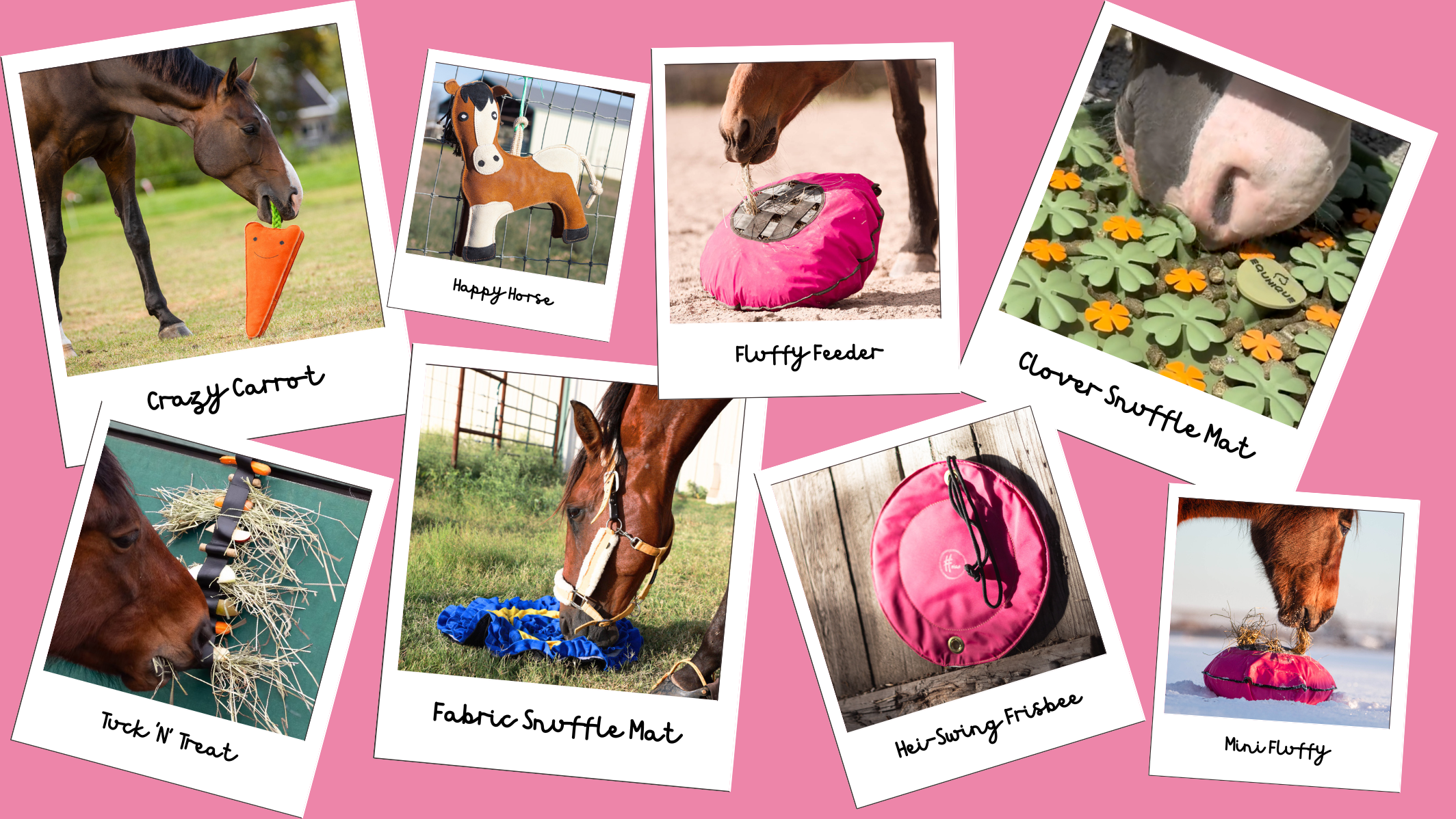 Collage of images featuring a horse interacting with various products on a pink background.