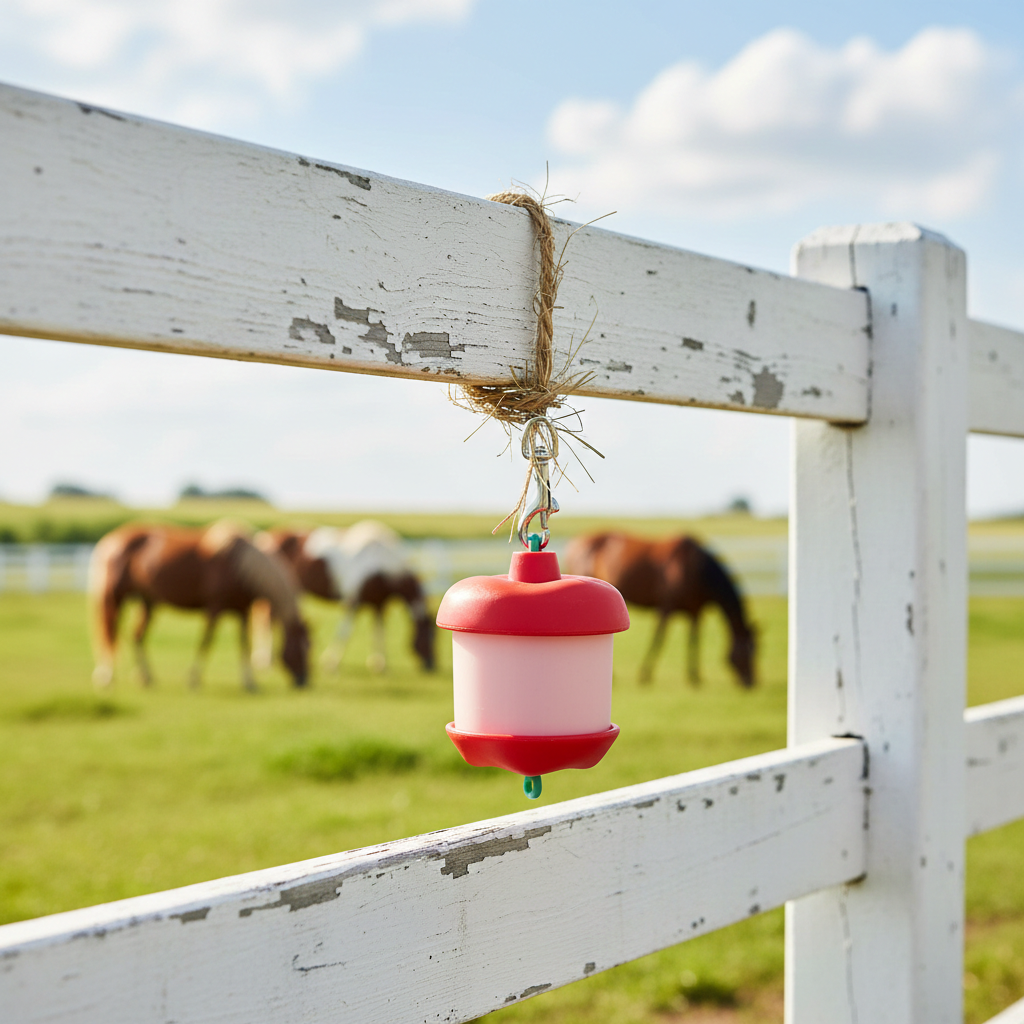 A Jolly Stall Snack with Apple-flavored treat hanging from a white fence with horses grazing in the background