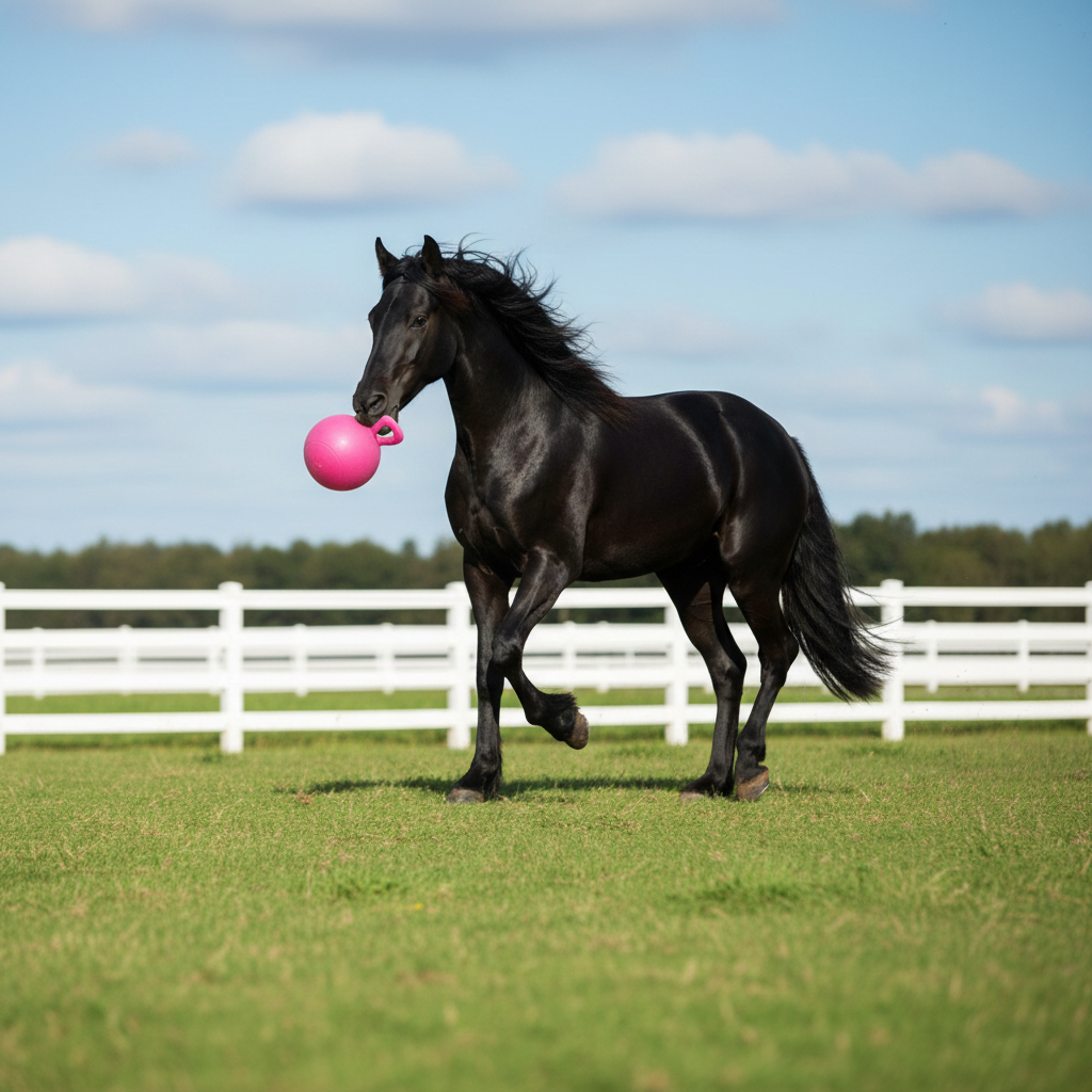Black horse running in a field with a pink jolly ball in its mouth