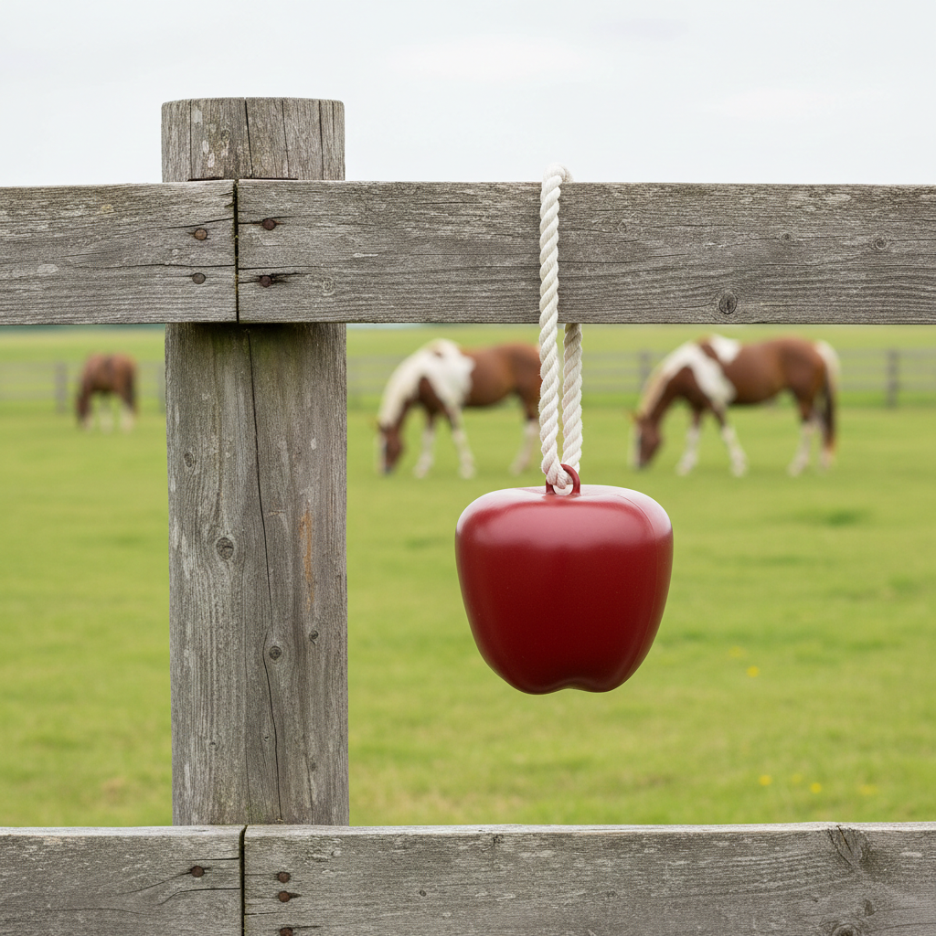 Red apple-shaped hanging toy on a wooden fence with horses in the background.